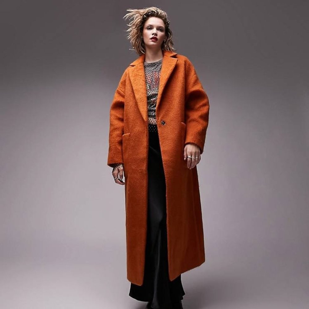 Topshop brushed long coat with patch pockets in burnt orange Size 12